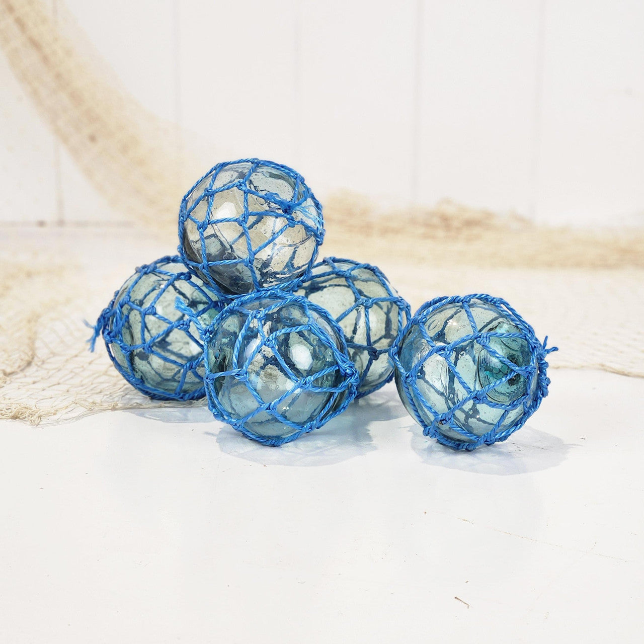 Set 5 x 2.5" Glass Float - Blue Rope  #0101b